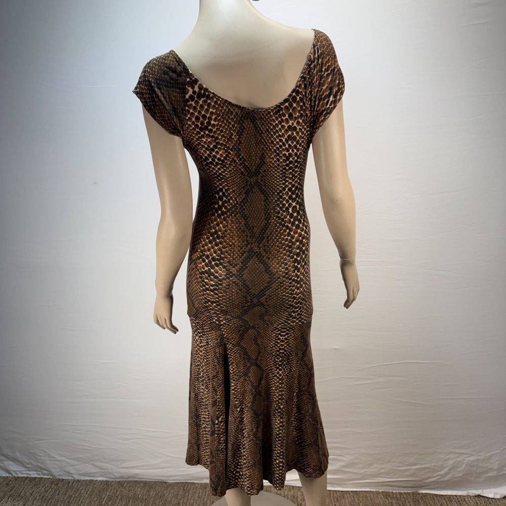 Betsey Johnson Vintage Midi Dress Size S‎ Bodycon Flare Brown Snake Print Jersey - Picture 4 of 7
